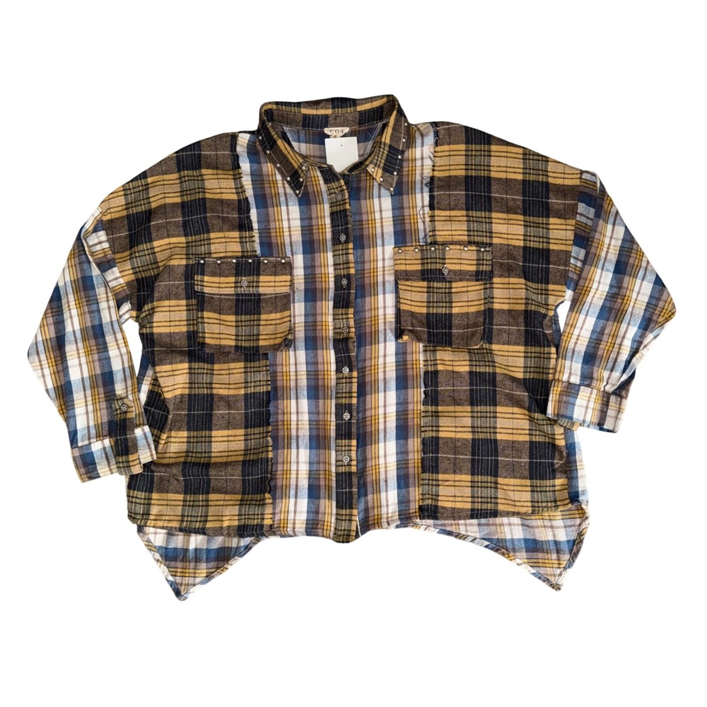 POL Patchwork Flannel Shirt Women Small Yellow Plaid New Studded Raw Hem FWT66
